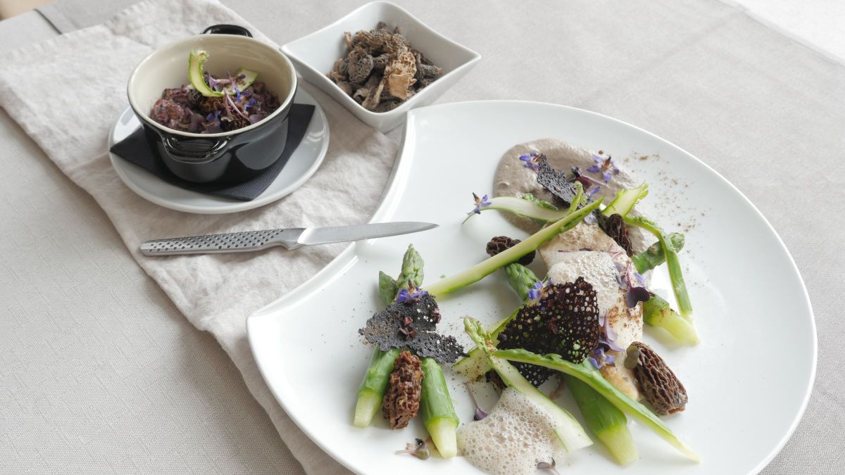 Filet de Saint Pierre, morilles, asperges vertes, tuile au gru&eacute; de cacao et sauce au vin jaune