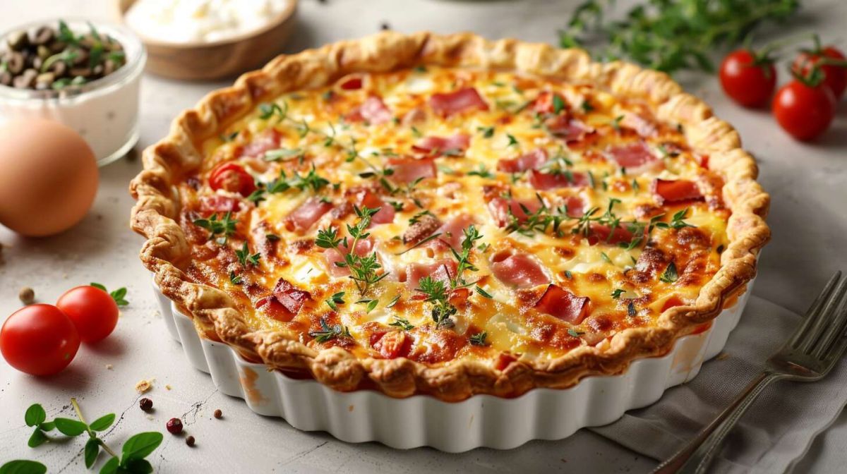 Savourez une quiche délicieuse à la tomate, jambon et chèvre